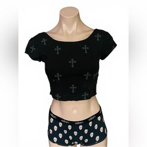 Nollie Black Cross Print Open Back Crop Top Cap Sleeve Medium Goth